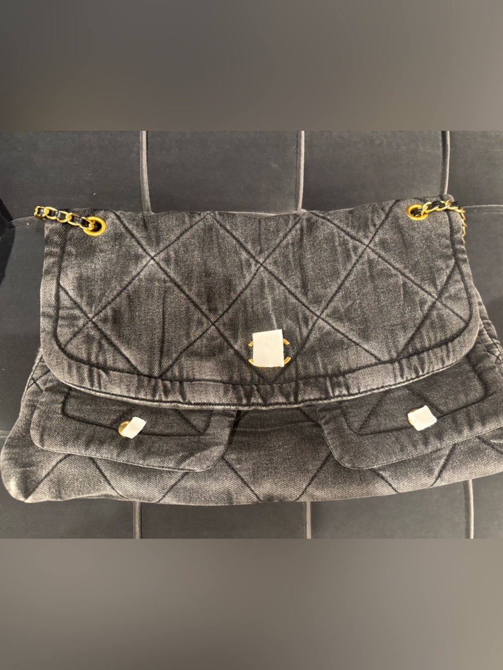 Quilted Black Denim Shoulder Bag with Gold Chain